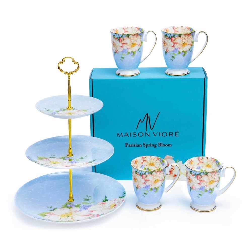 Maison Vioré Parisian Spring Bloom 4-Pc Floral Tea Cup Set in Light Blue